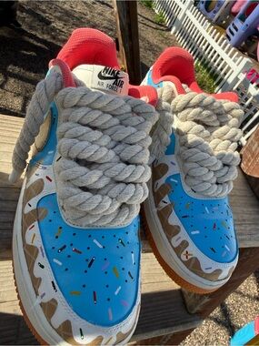 NikeMSize 10 CUSTOM HAND PAINTED “ Ice Cream & Waffle “ AF1 with 10mm Rope Laces